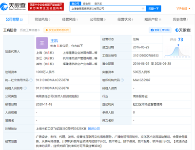 王思聪旗下上海香蕉云集新媒体注销，经营互联网文化信息服务告一段落